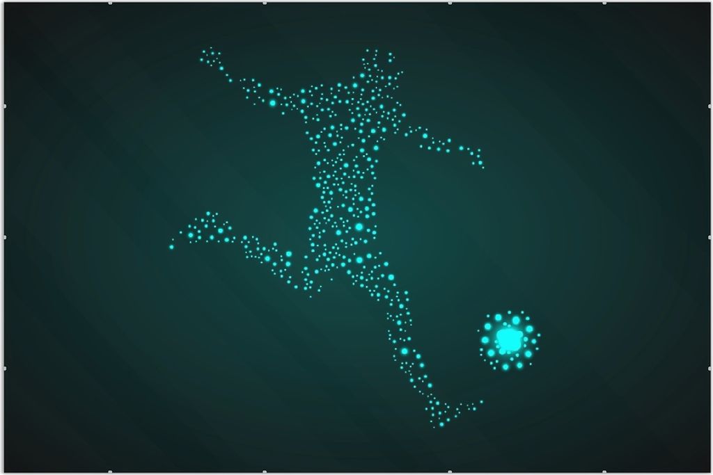 Wallario Wandbild Fußball - ein Spieler aus tausend Sternen in türkis, Größe: 61 x 91,5 cm, Poster mit rahmenlosen Bildhalter