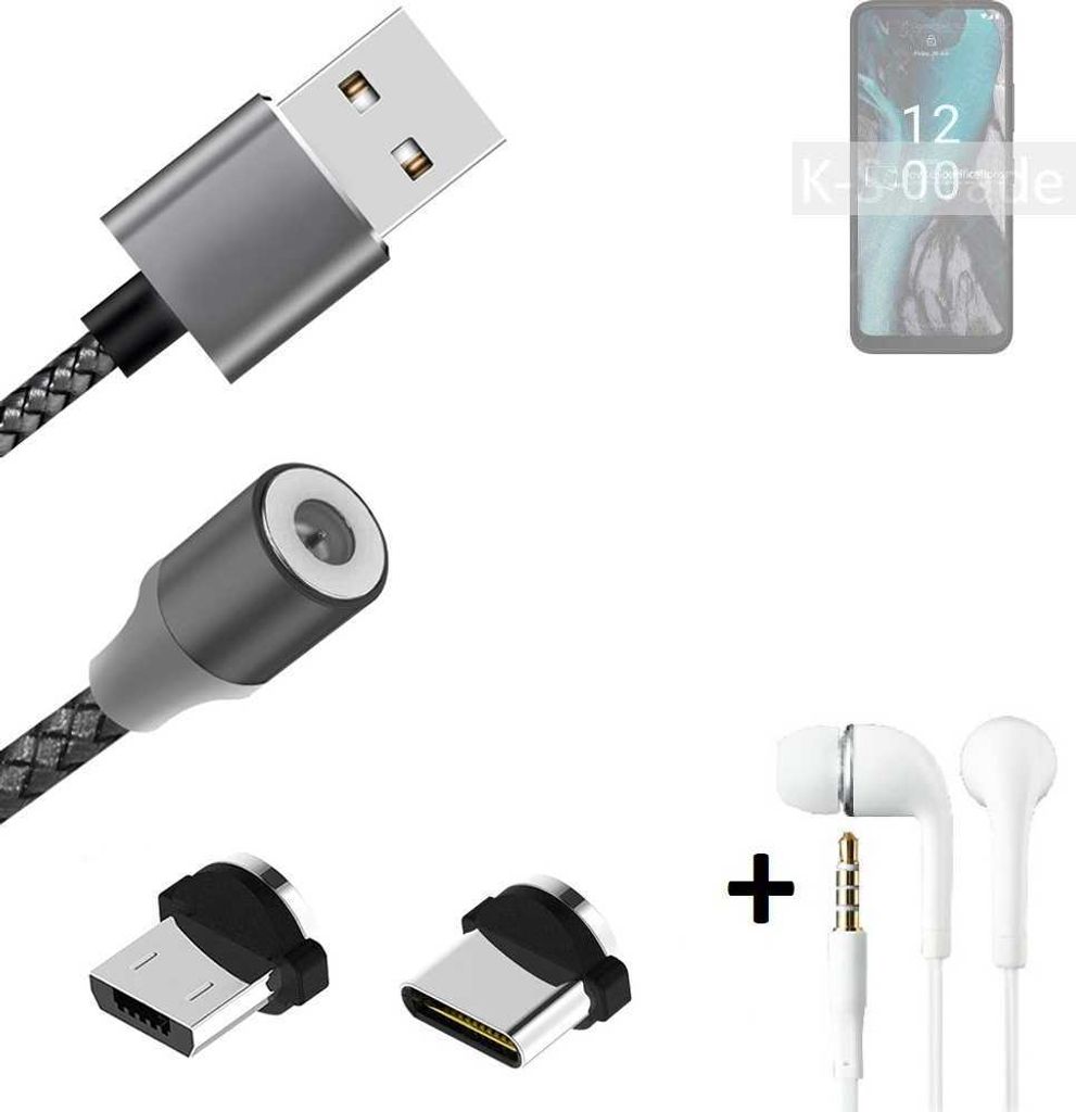 K-S-Trade Hochwertiges Magnet-Lade-kabel Sync-Kabel Daten-Kabel + Kopfhörer für Nokia C22 mit USB-Typ-C-Anschluss und Micro-USB-Anschluss 2A bis