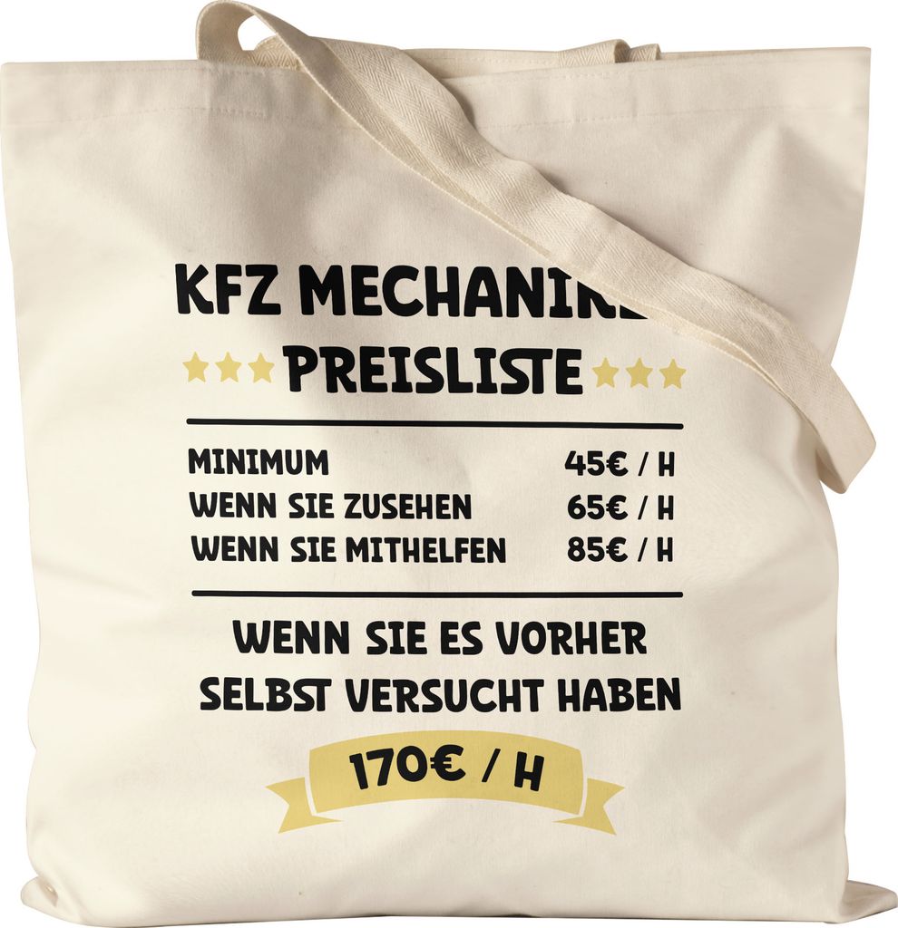 KFZ Mechaniker Preisleiste Stoffbeutel Jutebeutel Canvas Schwarz Beruf Arbeit Job Autos Autohaus Technik Werkstatt Werkzeug Auto