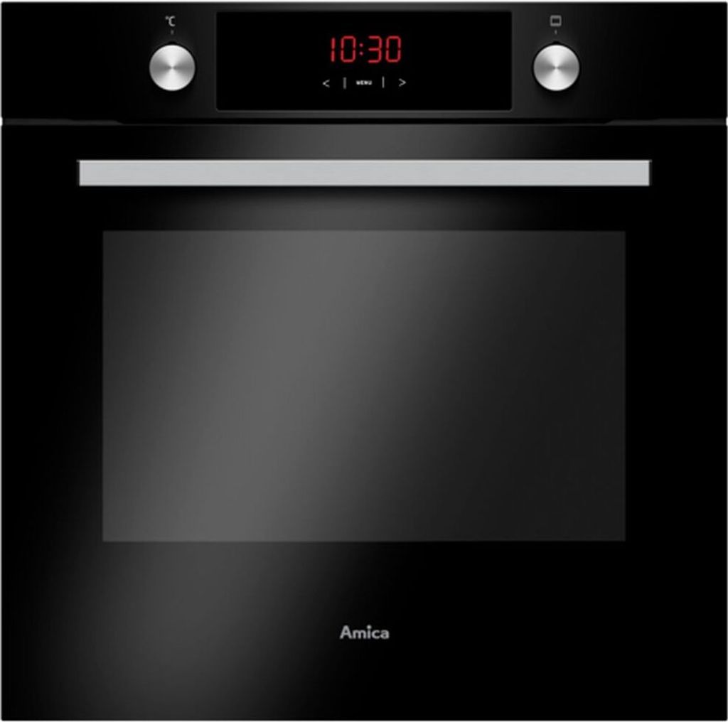 A front view of a black built-in oven with a digital display showing the time.