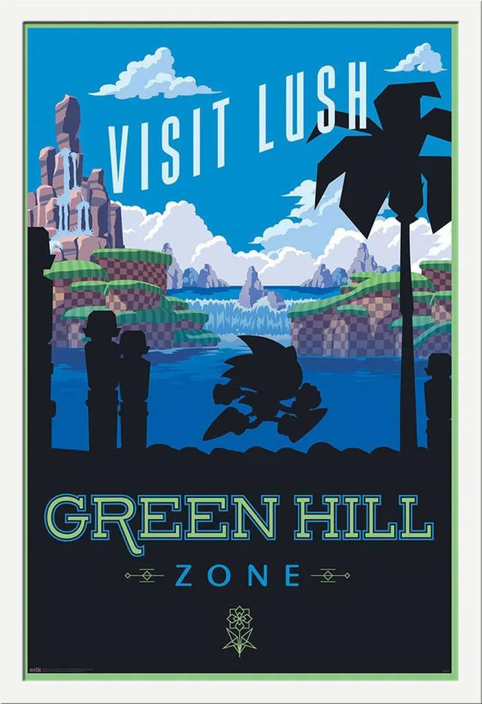 Sonic - Poster - Visita la zona di Green Hill + cornice rimovibile, Shinsuke® Maxi MDF bianco, vetro acrilico