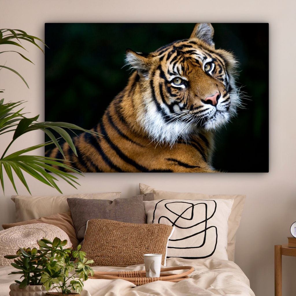 OneMillionCanvasses - Leinwandbilder - 140x90 cm, Tiger - Porträt - Schwarz, Wandbilder Kunstdruck Wanddekoration