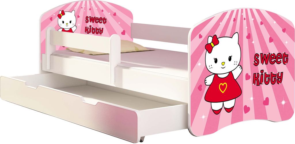 ACMA Jugendbett Kinderbett Junior-Bett Komplett-Set mit Matratze Lattenrost und Rausfallschutz Weiß 15 Sweet Kitty 160x80 + Bettkasten