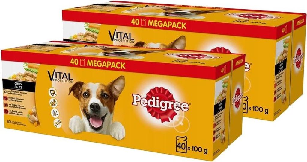 Two boxes of dog food stacked on top of each other.