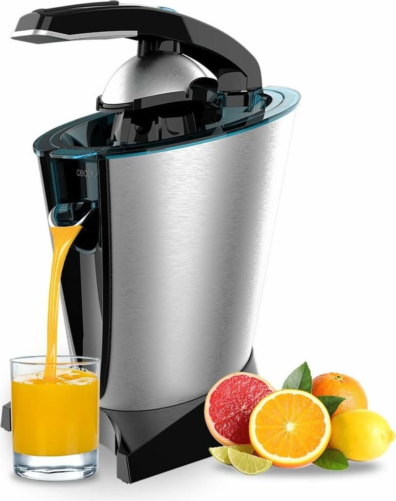 A modern electric citrus juicer is shown with fresh citrus fruits and a glass of juice.