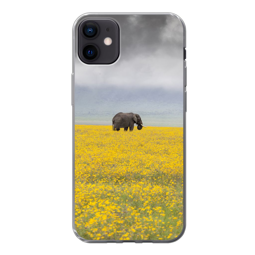 MuchoWow Handyhülle Schutzhülle Hülle für iPhone 12 mini Elefant - Blumen - Natur - Gelb - Tiere Silikon Softcase Handy Hülle - Bild