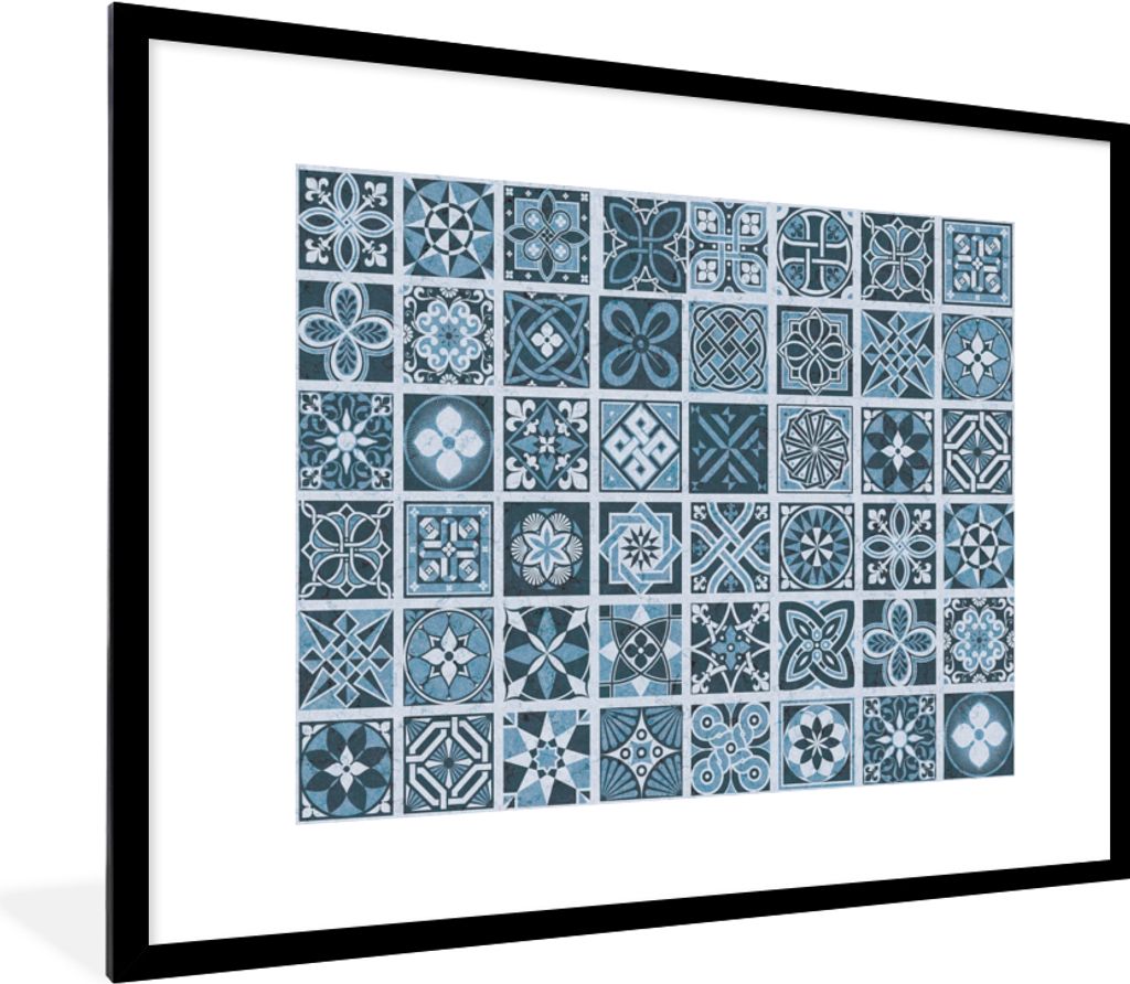 MuchoWow Gerahmtes Poster Blumen - Blau - Muster - Figuren 80x60 cm - Poster mit Schwarzem Bilderrahmen Wandposter Rahmen Foto Bilder - Schlafzim...