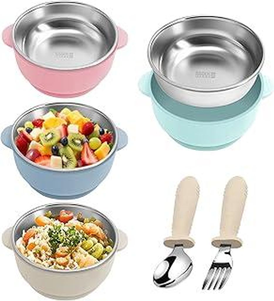 SUNOYA 4 Stück Baby Schüsseln mit Saugnapf & Babybesteck, Edelstahl Breischale mit Silikonhülle, BPA-frei & Rutschfestes Geschirrset für Baby &...