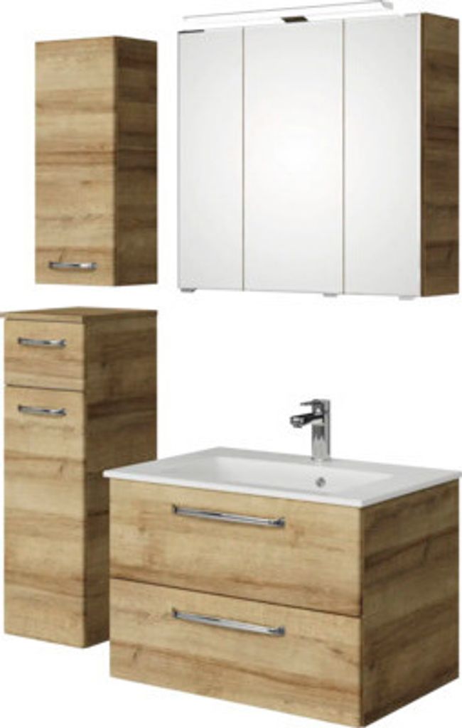 Badmöbel-Set Pelipal Kumba BxHxT 107 x 200 x 50 cm Frontfarbe eiche riviera 5-teilig und mehr mit Mineralguss-Waschtisch weiß, Unterschrank und W...