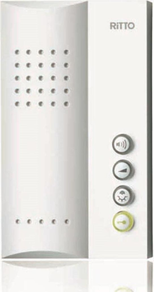 A white Ritto call button module for an intercom system, shown in a studio shot with a white background and reflection.
