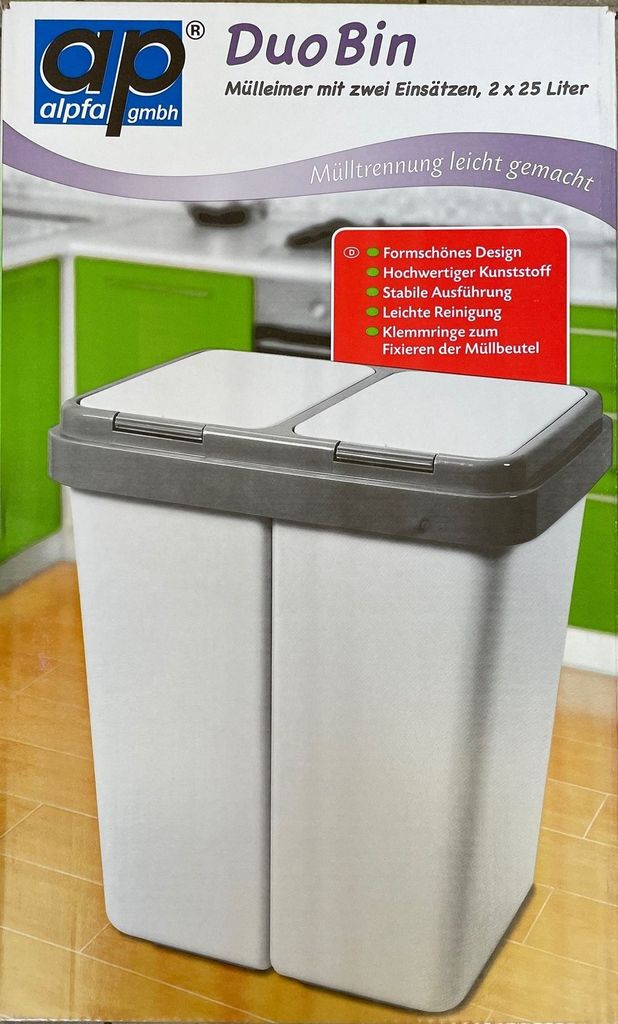 Alpfa Duo Bin Mülleimer mit 2 Einsätzen, 2x25 Ltr