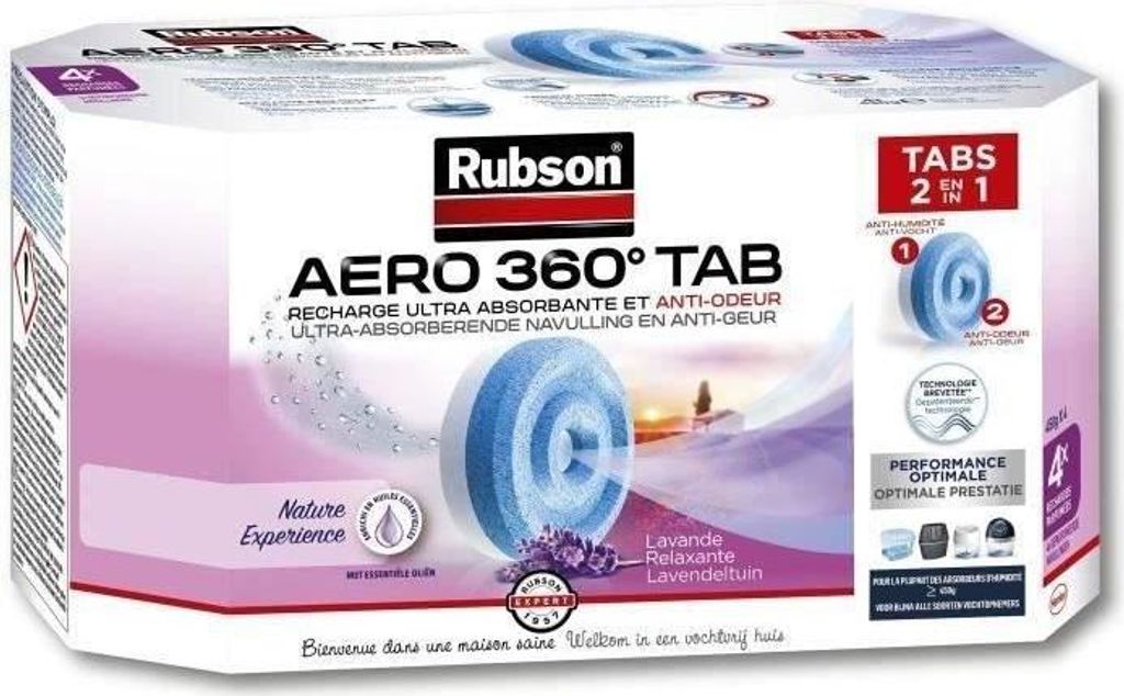 Luftentfeuchter Nachfüllpack, Rubson Aero 360, Lavendel, Feuchtigkeitsabsorber, Anti-Geruchs Technologie, 4 Stück