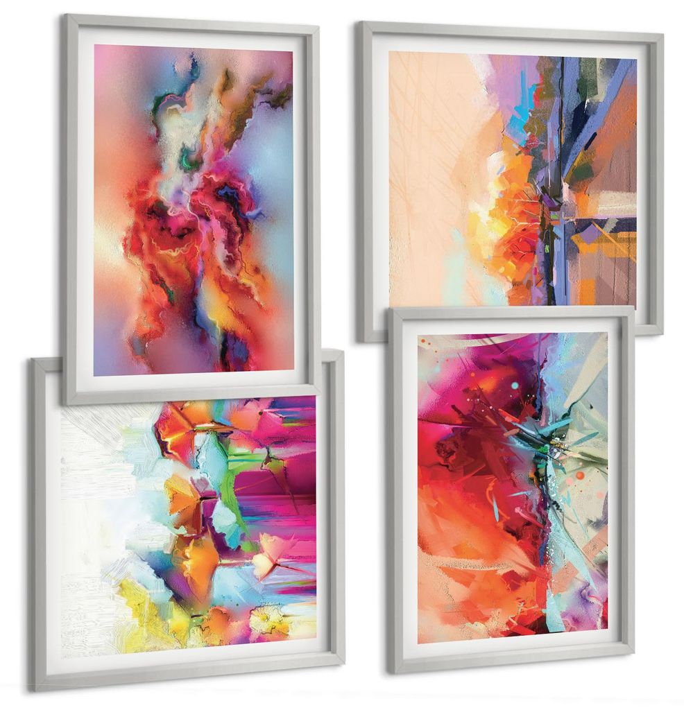Bilder Set 4-teilig im silbergerahmten Rahmen – Wandbilder 4 Stück – gerahmte Poster für Wohnzimmer, Schlafzimmer und Flur – 50x50 cm - 40x...