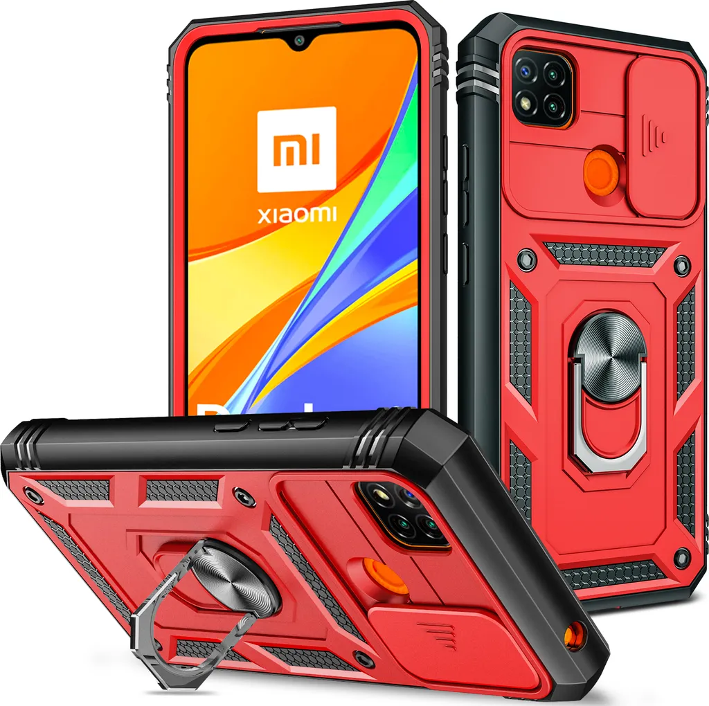 Custodia Redmi 9C Rossa: Cover Antiurto con Porta Carte e Anello