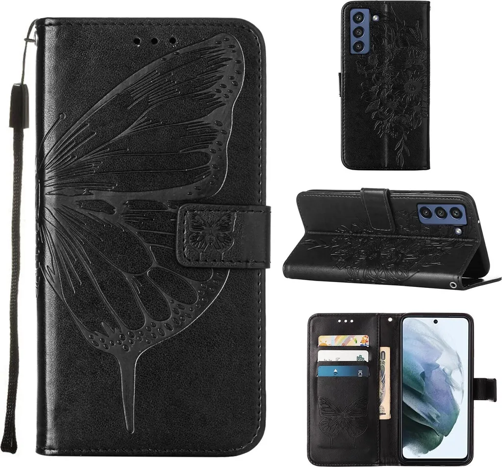 Custodia Galaxy S21 FE con Portafoglio e Farfalla 3D - Nera