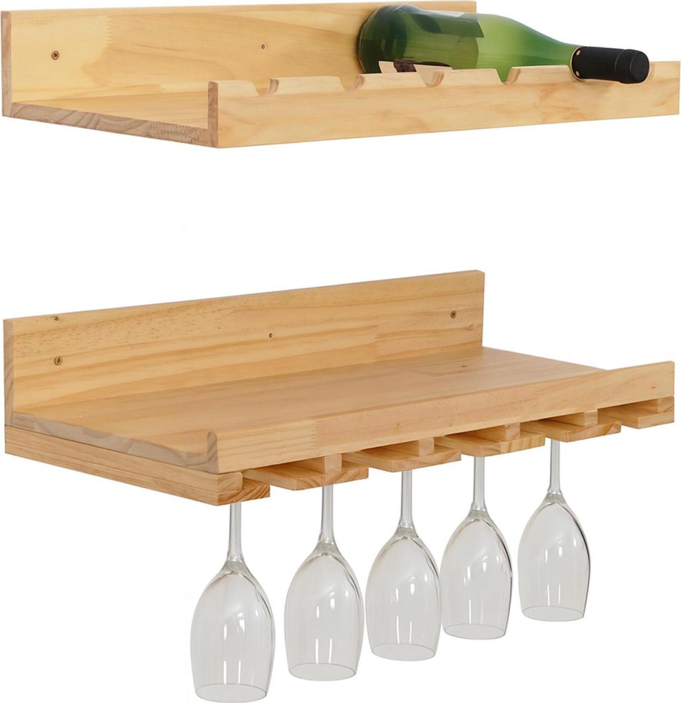 2er-Set Weinregal MCW-P22, Glas-/Flaschenhalter Wandbar für 6 Flaschen/15 Gläser Holz MVG- 61x28cm natur