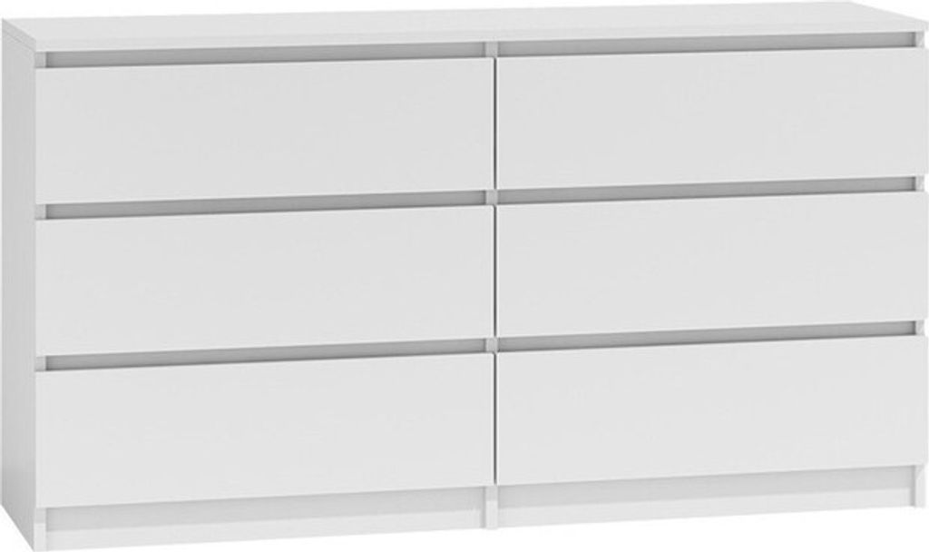 A white dresser with six drawers is shown against a white background.