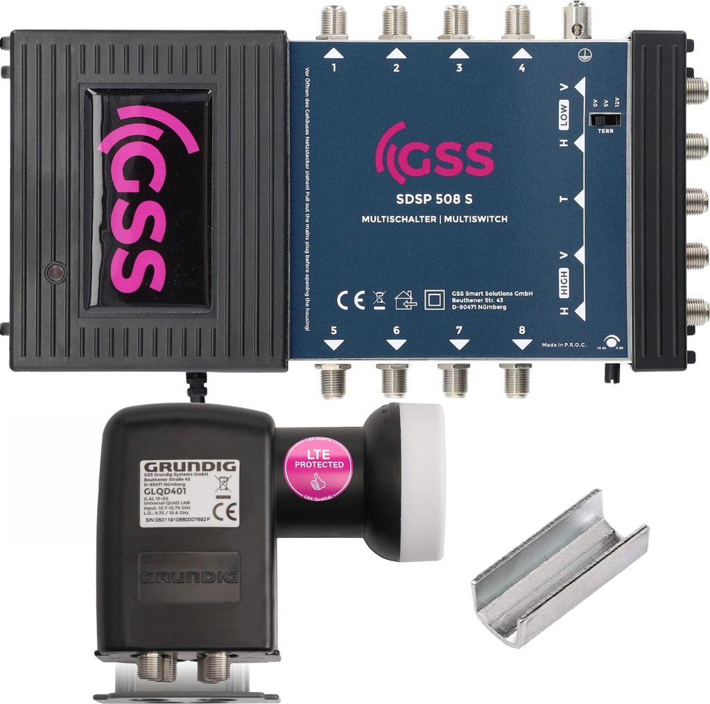 2in1 Set: GSS 5/8 Multischalter + GSS Grundig 4fach Quad LNB, HD 4K Multiswitch für Quattro & Quad LNB geeignet, für 1 Satelliten & 8 Teilnehmer ...