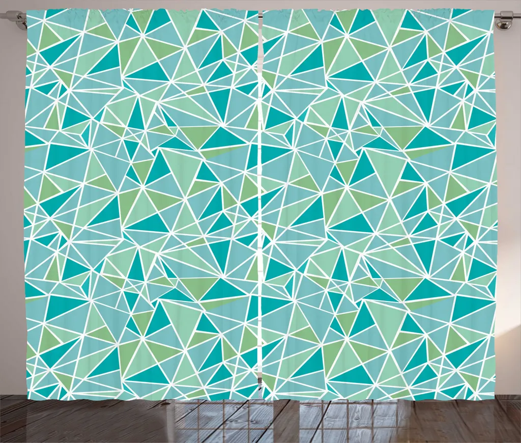 Rideau turquoise avec boucles et crochets, imprimé triangles 280x225cm
