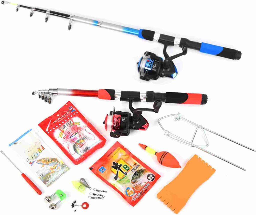 Ultra-Leicht Angelrutenrolle Set, 2-teiliges 2,1 m Teleskop-Angelset mit Ruten, Rollen, Ködern und Tasche, rot und blau