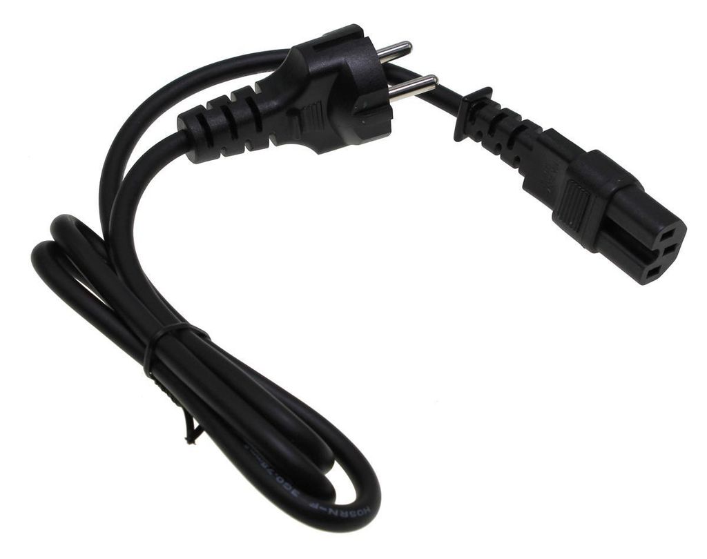 A black power cord with two different types of plugs on each end, lying on a white background.