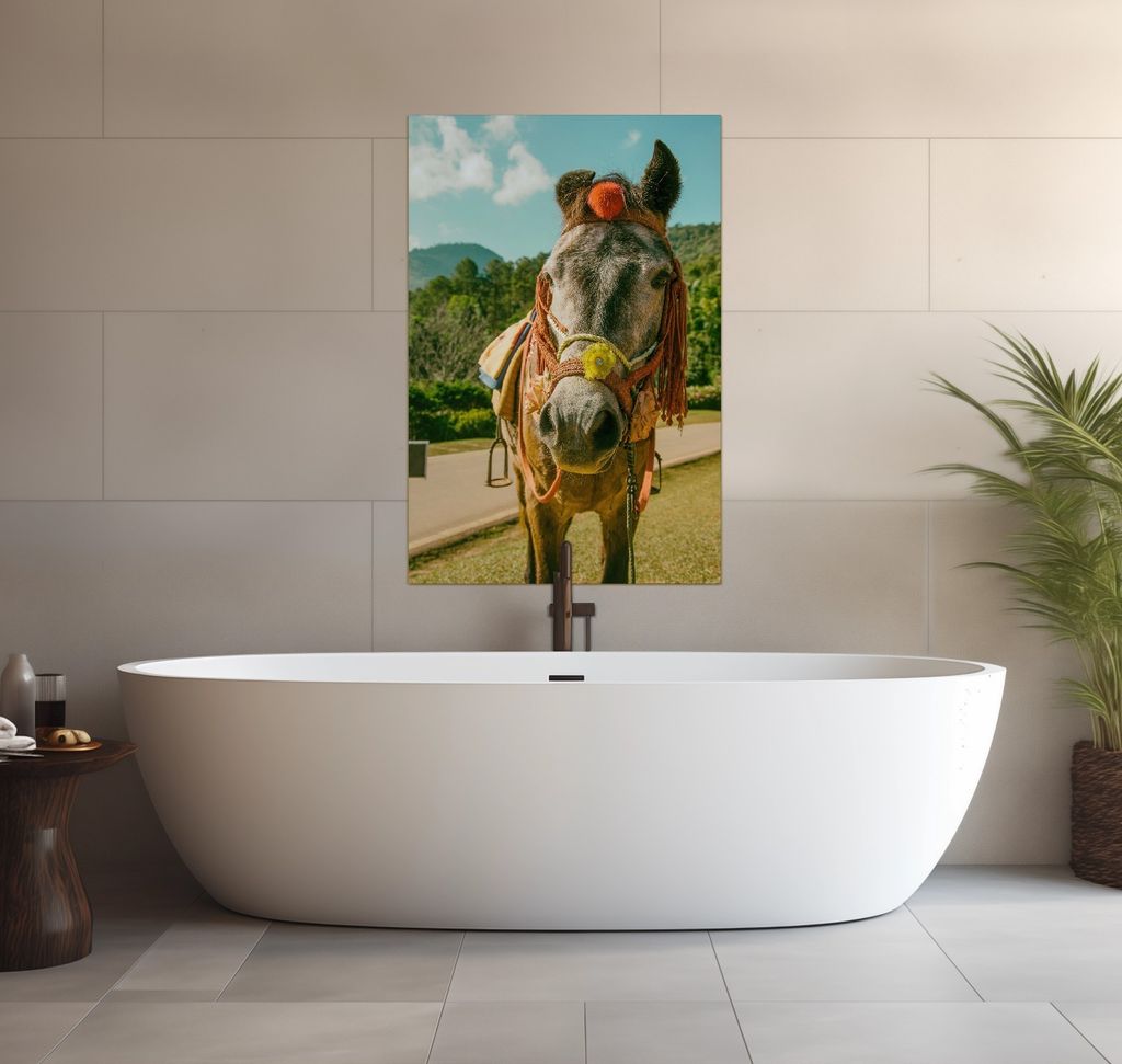 Wallario wasserfestes Poster selbstklebend 91,50 x 61 cm, Klassisch geschmücktes Pony, Badezimmerposter Spritzschutz mit Hochglanzoberfläche in G...