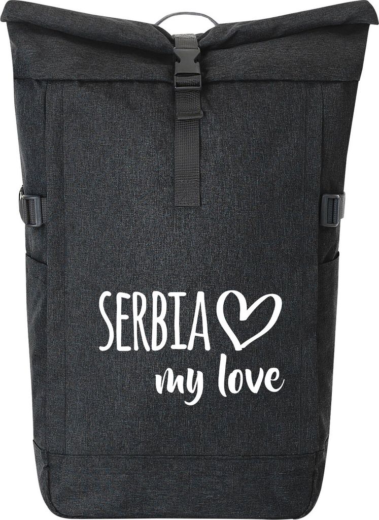 Huuraa Kurierrucksack Serbia my love 30-44 Liter Black Melange Fairtrade Rolltop Rucksack Geschenkidee