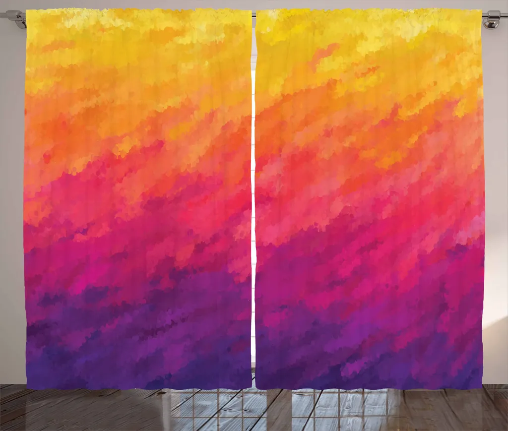 ABAKUHAUS Tenda rustica astratta, disegno acquerellato sfumato, tenda con passanti e ganci per camera da letto, 280 x 175 cm, viola, arancione e giallo