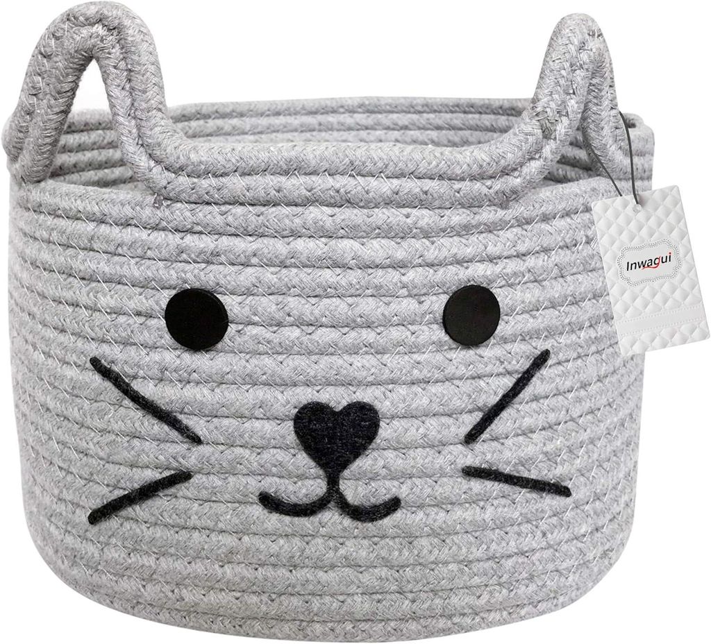 Faltbarer Baumwollseilkorb mit niedlichem Katzenmotiv, grau, zur Aufbewahrung von Spielzeug oder Accessoires im Kinderzimmer