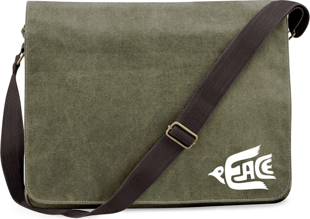 Huuraa Umhängetasche Peace Friedenstaube 14 Liter Military Green Canvas Laptoptasche Geschenkidee