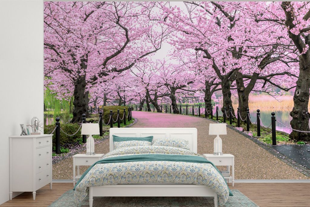 MuchoWow Fototapete für Wohnzimmer oder Schlafzimmer Wandtapete Vinyl Motivtapete Sakura - Frühling - Japan - 360x240 cm - Vinyl-Tapete