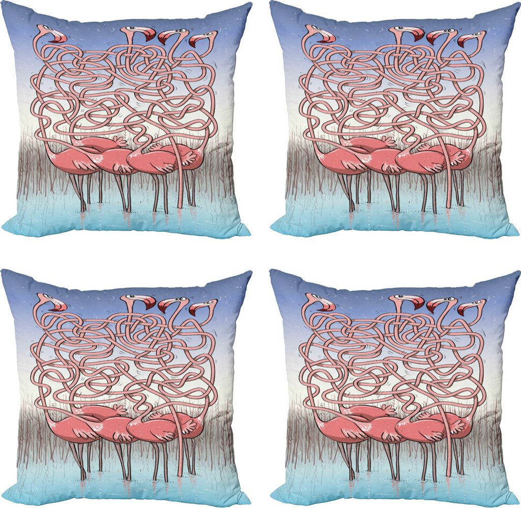 ABAKUHAUS Spaß Kissenbezug Set (4 Stück), Flamingos Labyrinth-Spiel Joy, Moderner Doppelseitiger Digitaldruck, 50 cm x 50 cm, Violet Blue Pale Blue