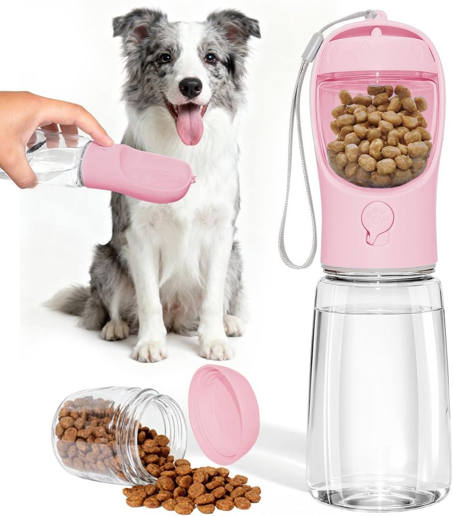 Hundetrinkflasche 550ml mit Futterbehälter auslaufsicher Wandern Reise