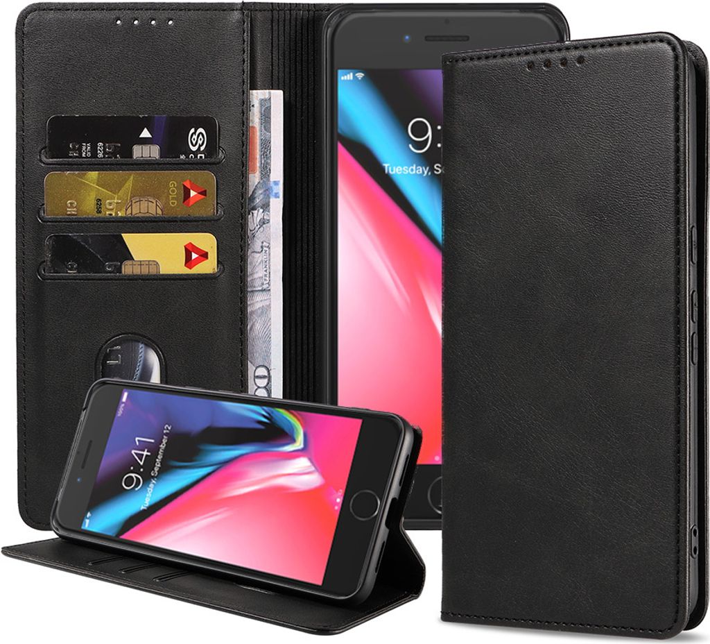 Smartphonica iPhone 7/8 Kunstledertasche mit Magnetverschluss und Kartenhaltern Buchhülle - Schwarz