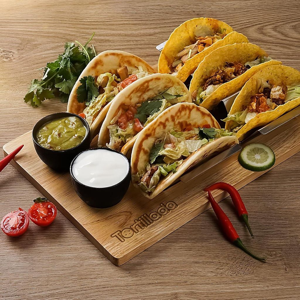 Taco-Halter Set aus 2 - inklusive Holztablett und Keramik-Dipschalen Set