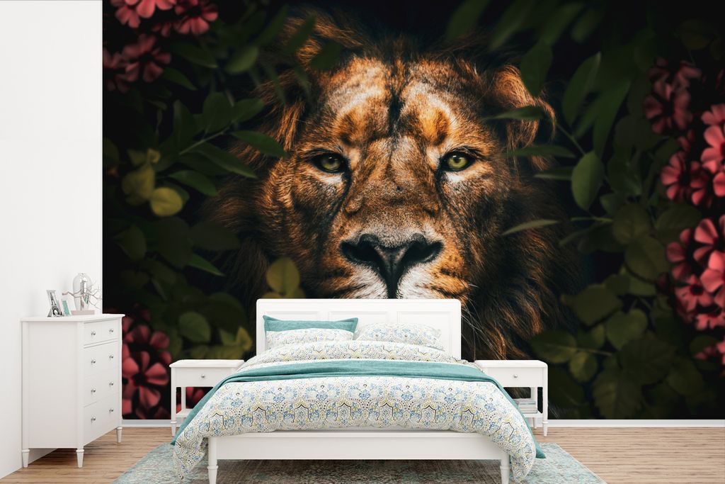 MuchoWow Fototapete für Wohnzimmer oder Schlafzimmer Wandtapete Vinyl Motivtapete Dschungel - Löwe - Blumen - Pflanzen - 420x280 cm - Zimmer f...