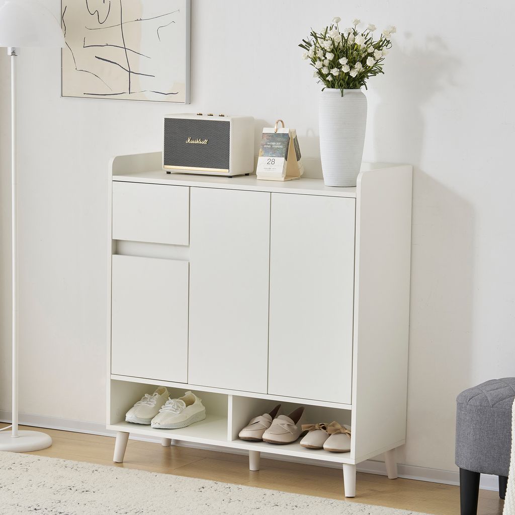 STILVORA Schuhkommode Sideboard Schuhschrank mit verstellbare Einlegeböden,Schuhkipper mit Massivholzbeine,Weiß