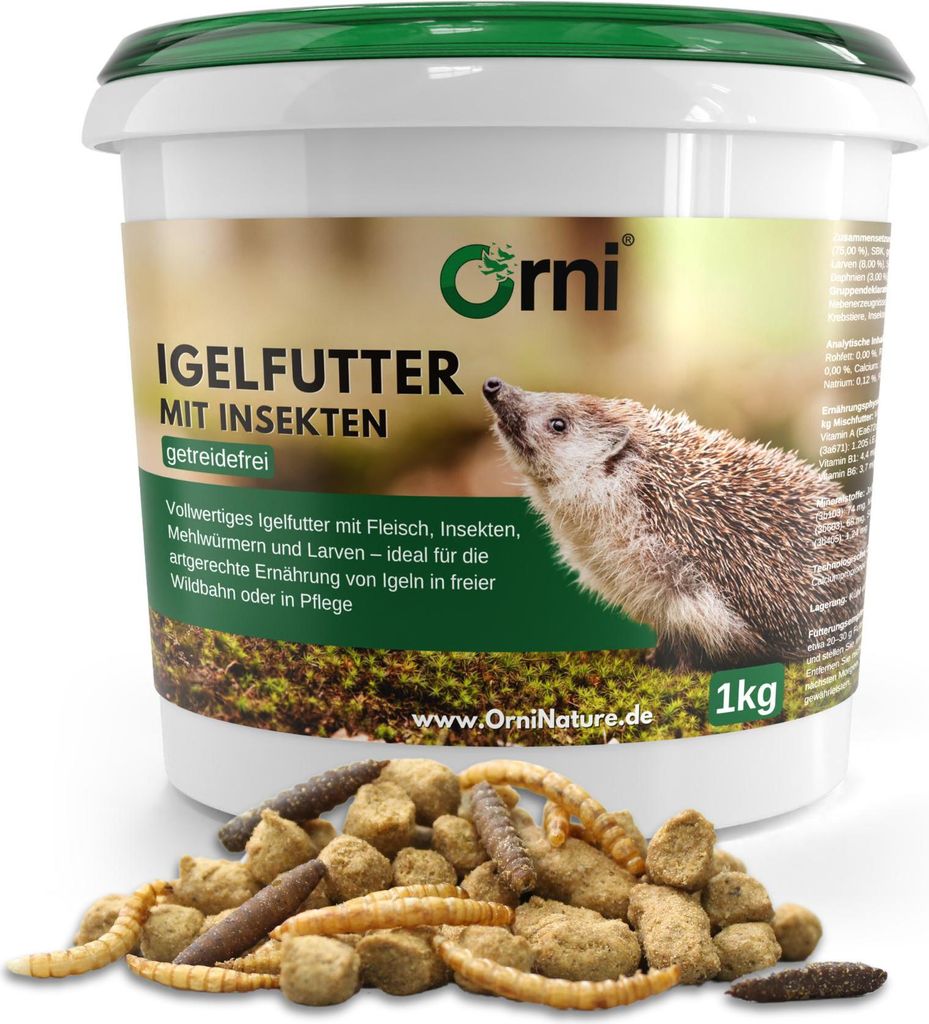 Orni Igelfutter mit Insekten ohne Getreide 1kg | Alleinfutter getreidefrei | Trockenfutter mit Mehlwürmer Seidenraupen und hohem Fleischanteil