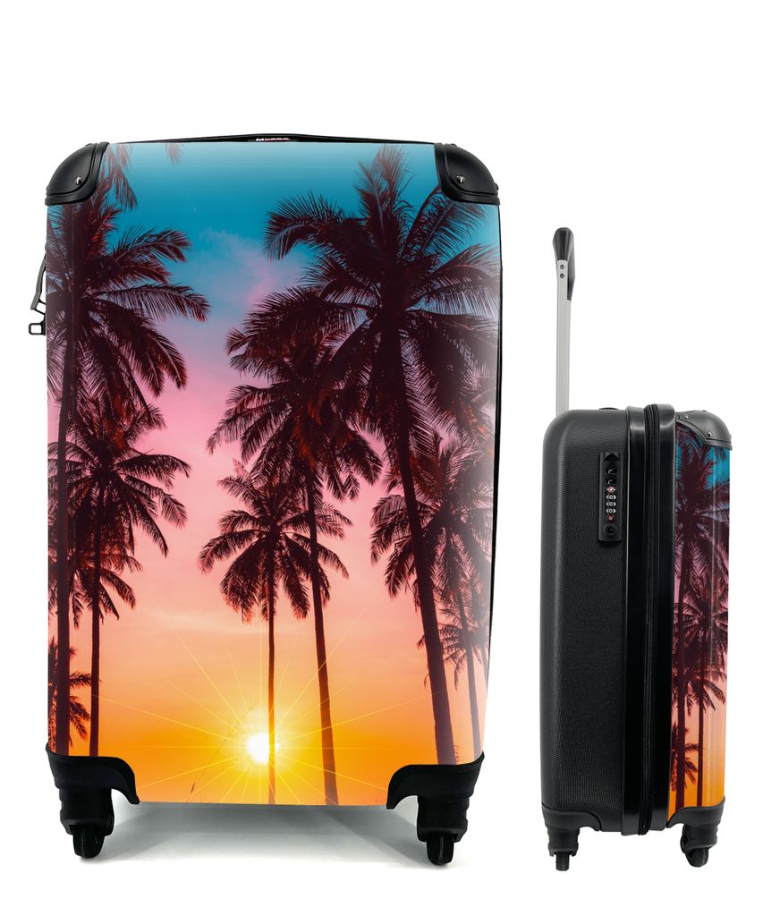 MuchoWow Koffer Handgepäck Trolley Rollkoffer Kleine Reisekoffer mit 4 Rollen - Palme - Sonnenuntergang - Horizont - Strand - Orange - Rosa - Ca...