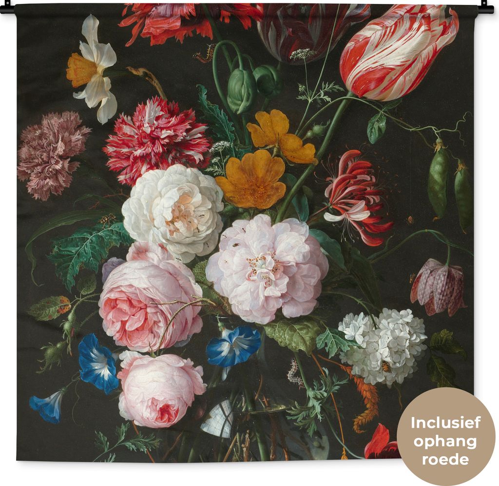 MuchoWow Wandteppich Wandbehang Stilleben mit Blumen in einer Glasvase - Gemälde von Jan Davidsz. de Heem 150x150 cm Tapisserie Dekoration Wandt...