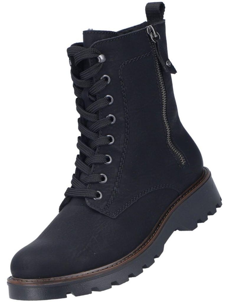 Auf dem Bild ist ein schwarzer Stiefel zu sehen der aus glattem Material besteht. Der Stiefel wird von der linken Seite gezeigt wobei die Schnürung gut sichtbar ist.
