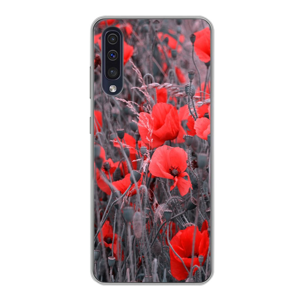 MuchoWow Handyhülle Schutzhülle Hülle für Samsung Galaxy A30s Rote Mohnblumen in einem Schwarz-Weiß-Bild Silikon Softcase Handy Hülle - Kar...