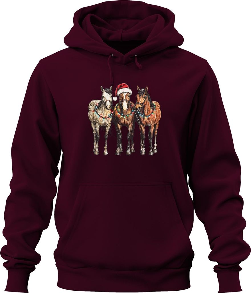 Weihnachtspferde Lichterkette Santa Hut Pferdeliebhaber Western Uni Hoodie Kapuzenpullover, Burgundy, 3XL