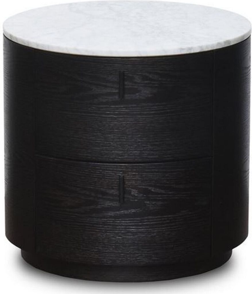 Casa Padrino Luxus Beistelltisch Schwarz / Weiß Ø 48 x H. 46 cm - Runder Holz Tisch mit Marmorplatte und 2 Schubladen