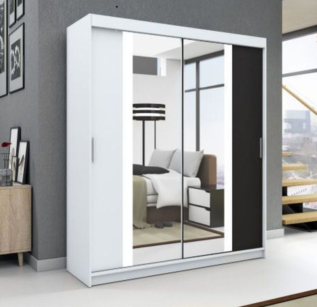 Schwebetürenschrank, 2-türig Schrank mit Spiegel, Kleiderschrank BRUNI 120 Farbe: Weiß / weiß / shwarz