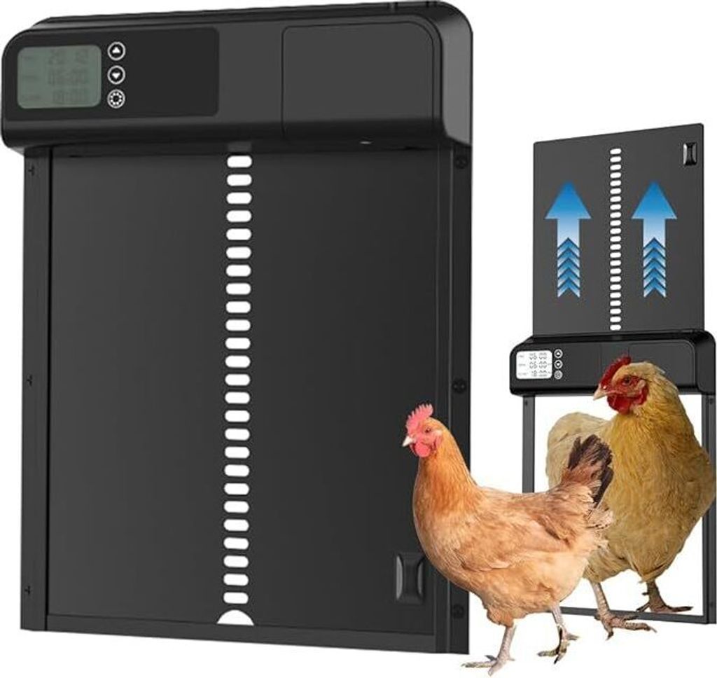A product image showing an automatic chicken coop door opener with two chickens in front of it.