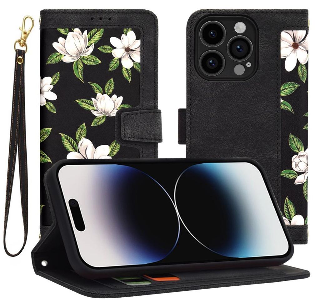 Techsuit FlipCraft Book Wallet Klapphülle mit Kabel für Apple iPhone 14 Pro - Flowers of the Dawn