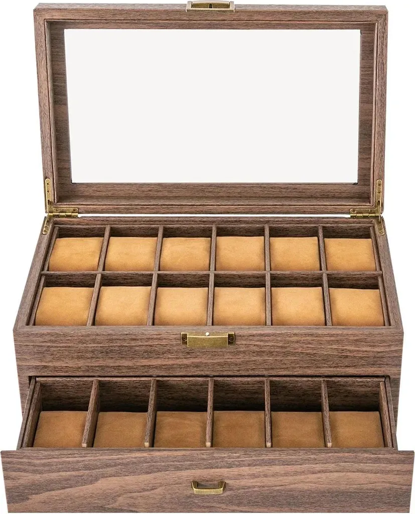 Coffret de rangement montres double niveau 24 compartiments marron foncé