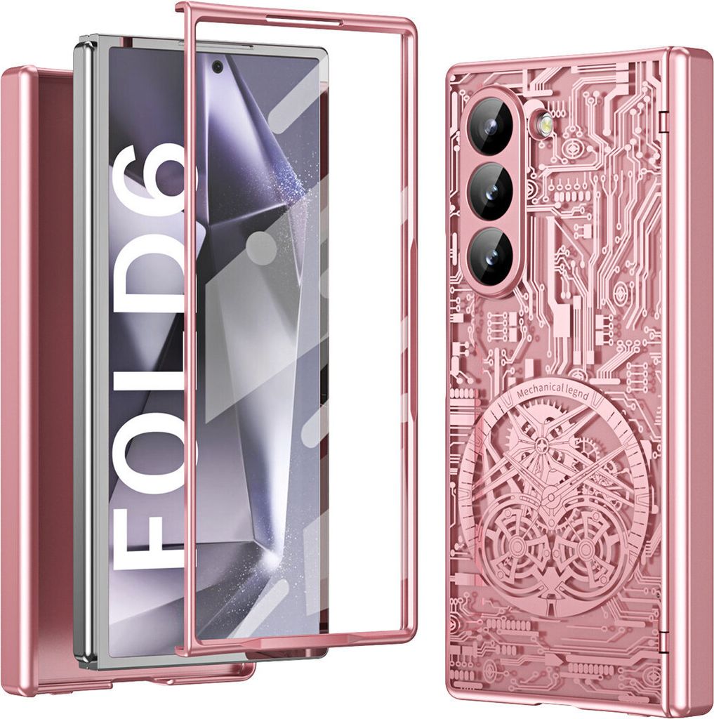 A pink phone case with a mechanical design is shown next to a disassembled phone.