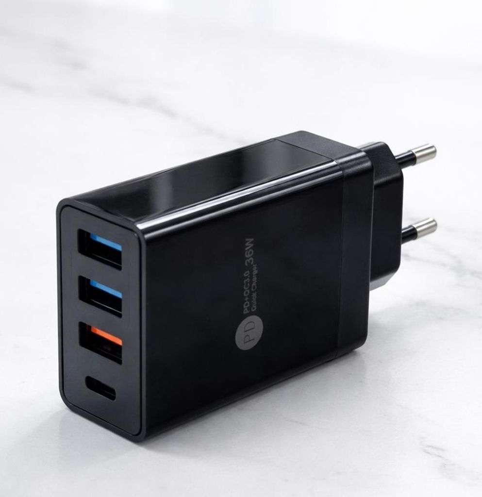 36W GaN USB C Ladegerät 4-Port QC3.0 Netzteil 3 USB 1 PD 20W Mehrfach Schnellladegerät schwarz